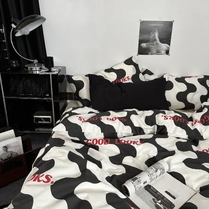 91家纺网 家纺一手货源 找家纺 恋恋三季2024新款40支13372全棉简约系列四件套-风格一 潮汐黑（默认发波纹枕套）