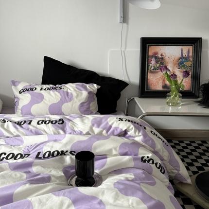 91家纺网 家纺一手货源 找家纺 恋恋三季 2024新款40支13372全棉简约系列四件套-风格一 潮汐紫（默认发波纹枕套）