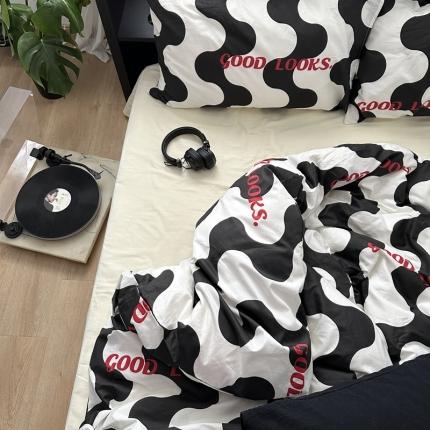 91家纺网 家纺一手货源 找家纺 40支13372全棉简约系列四件套-风格二 潮汐黑（默认发波纹枕套）