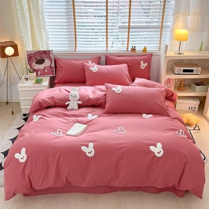 91家纺网 家纺一手货源 找家纺 丽美人家纺 2023新款水洗棉卡通毛巾绣四件套 幸运兔