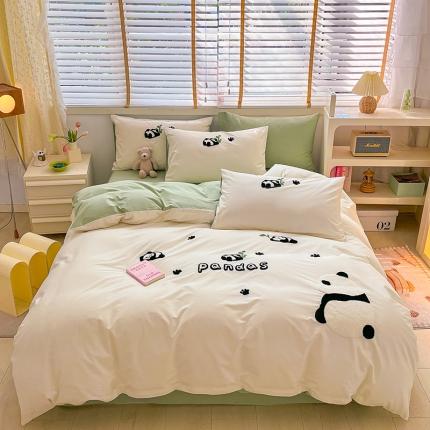 91家纺网 家纺一手货源 找家纺 丽美人家纺 2023新款水洗棉卡通毛巾绣四件套 熊猫戏竹