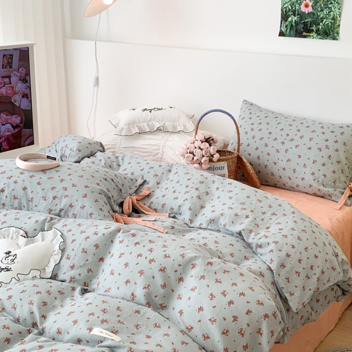 91家纺网 家纺一手货源 找家纺 昔可家纺 2023新款双层纱枕套带蝴蝶结四件套 安妮花园