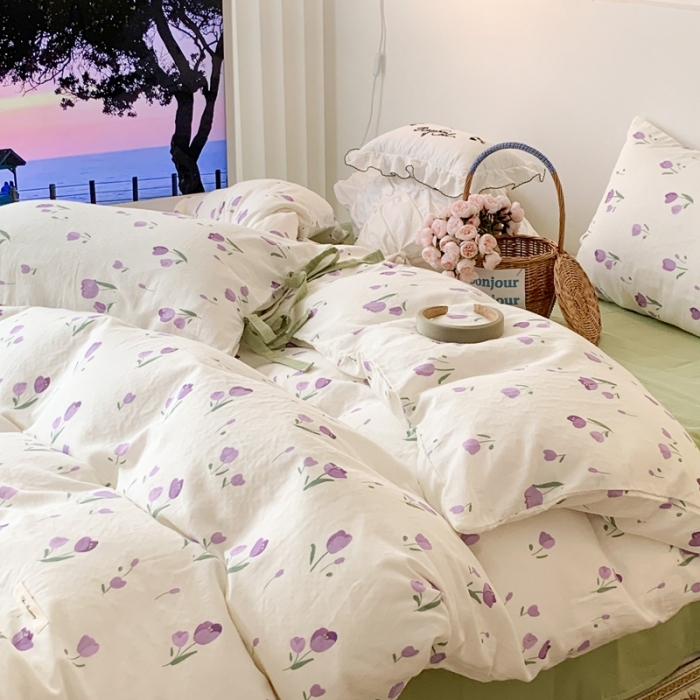 91家纺网 家纺一手货源 找家纺 昔可家纺 2023新款双层纱枕套带蝴蝶结四件套 浪漫紫郁金香