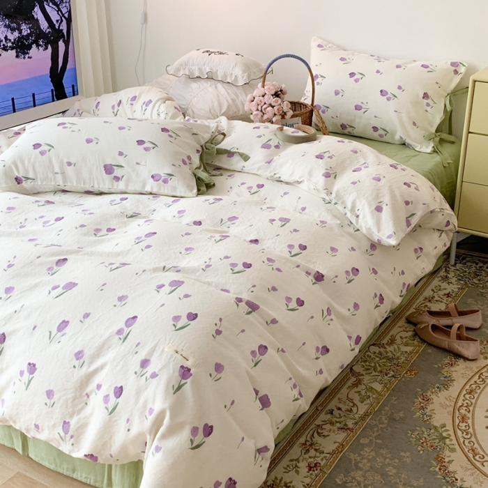 91家纺网 家纺一手货源 找家纺 昔可家纺 2023新款双层纱枕套带蝴蝶结四件套 浪漫紫郁金香