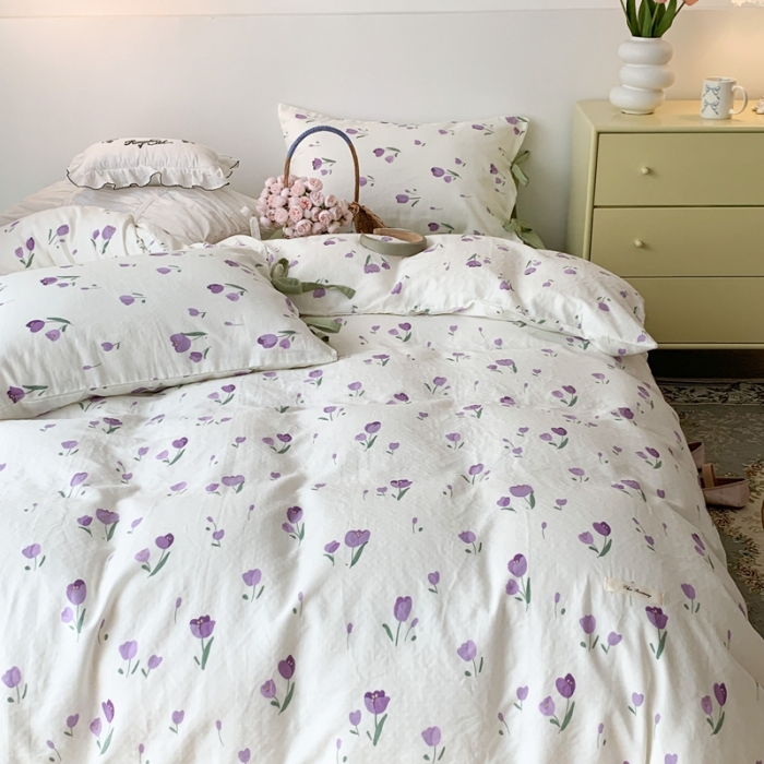 91家纺网 家纺一手货源 找家纺 昔可家纺 2023新款双层纱枕套带蝴蝶结四件套 浪漫紫郁金香