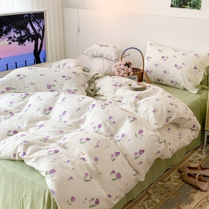 91家纺网 家纺一手货源 找家纺 昔可家纺 2023新款双层纱枕套带蝴蝶结四件套 浪漫紫郁金香