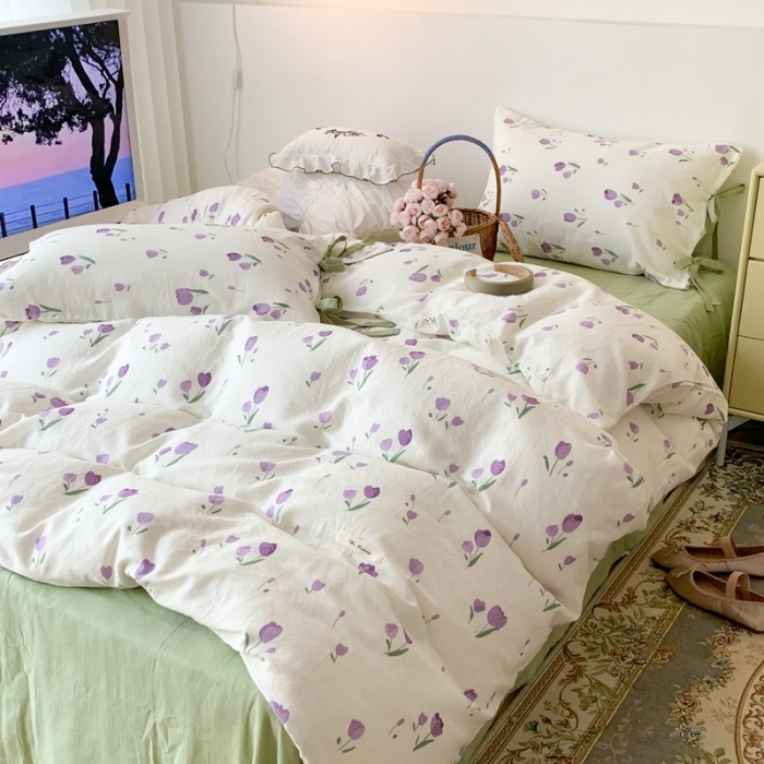 91家纺网 家纺一手货源 找家纺 昔可家纺 2023新款双层纱枕套带蝴蝶结四件套 浪漫紫郁金香