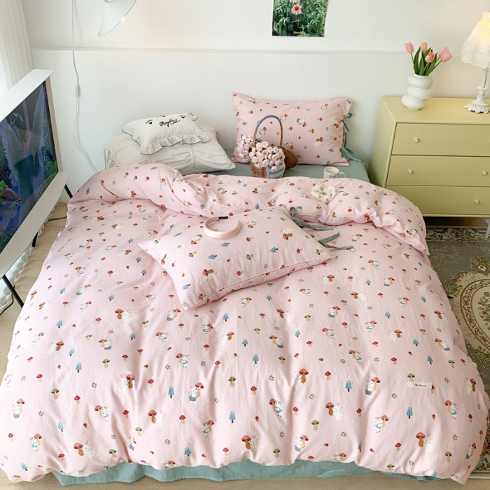 91家纺网 家纺一手货源 找家纺 昔可家纺 2023新款双层纱枕套带蝴蝶结四件套 蘑菇兔粉