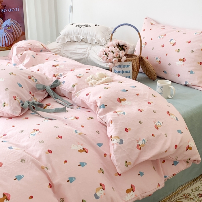 91家纺网 家纺一手货源 找家纺 昔可家纺 2023新款双层纱枕套带蝴蝶结四件套 蘑菇兔粉