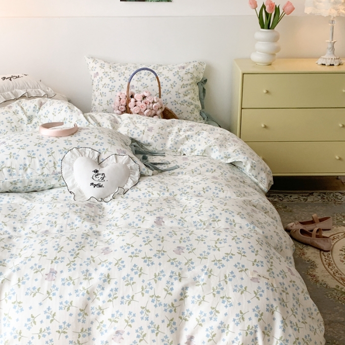 91家纺网 家纺一手货源 找家纺 昔可家纺 2023新款双层纱枕套带蝴蝶结四件套 奶兔小蓝花