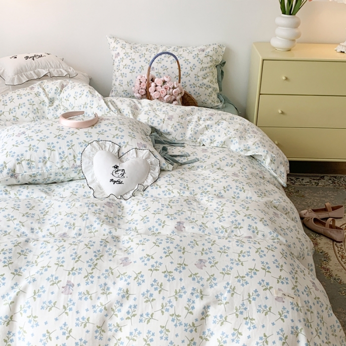 91家纺网 家纺一手货源 找家纺 昔可家纺 2023新款双层纱枕套带蝴蝶结四件套 奶兔小蓝花