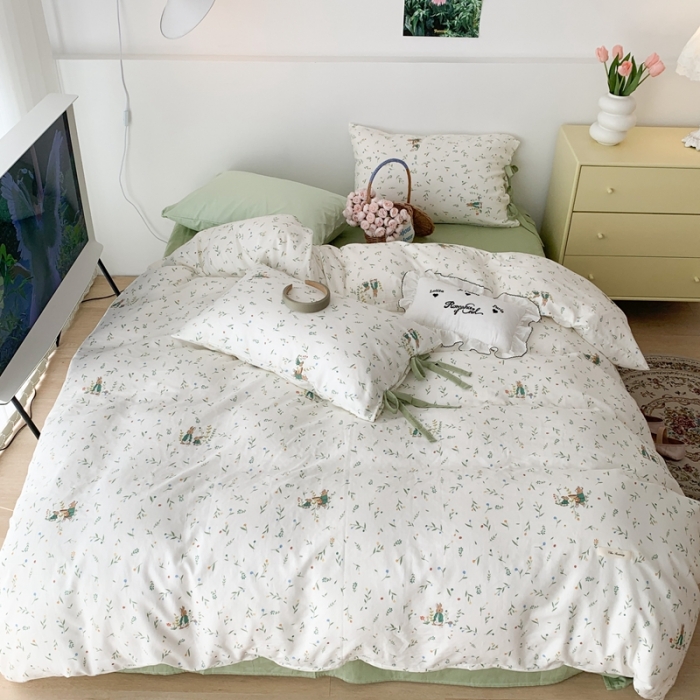 91家纺网 家纺一手货源 找家纺 昔可家纺 2023新款双层纱枕套带蝴蝶结四件套 小兔的密会