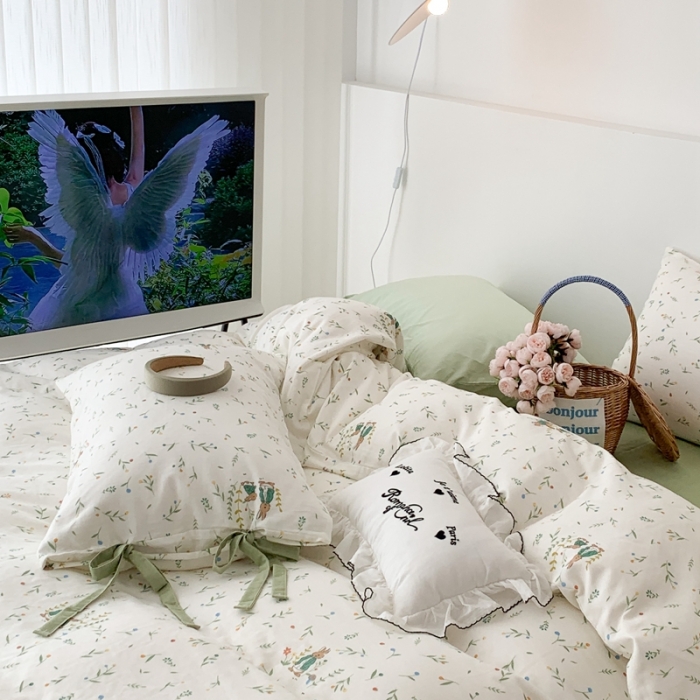 91家纺网 家纺一手货源 找家纺 昔可家纺 2023新款双层纱枕套带蝴蝶结四件套 小兔的密会