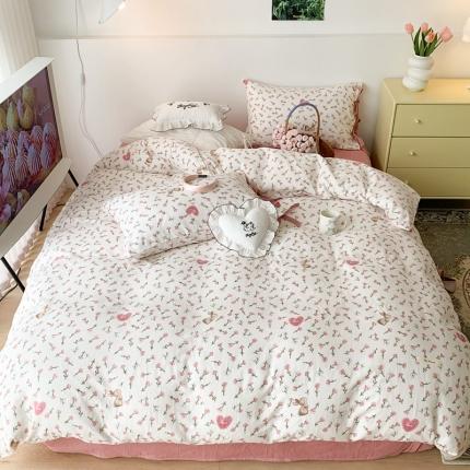 昔可家纺 2023新款双层纱枕套带蝴蝶结四件套 小兔花园