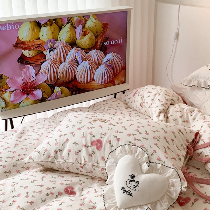 91家纺网 家纺一手货源 找家纺 昔可家纺 2023新款双层纱枕套带蝴蝶结四件套 小兔花园