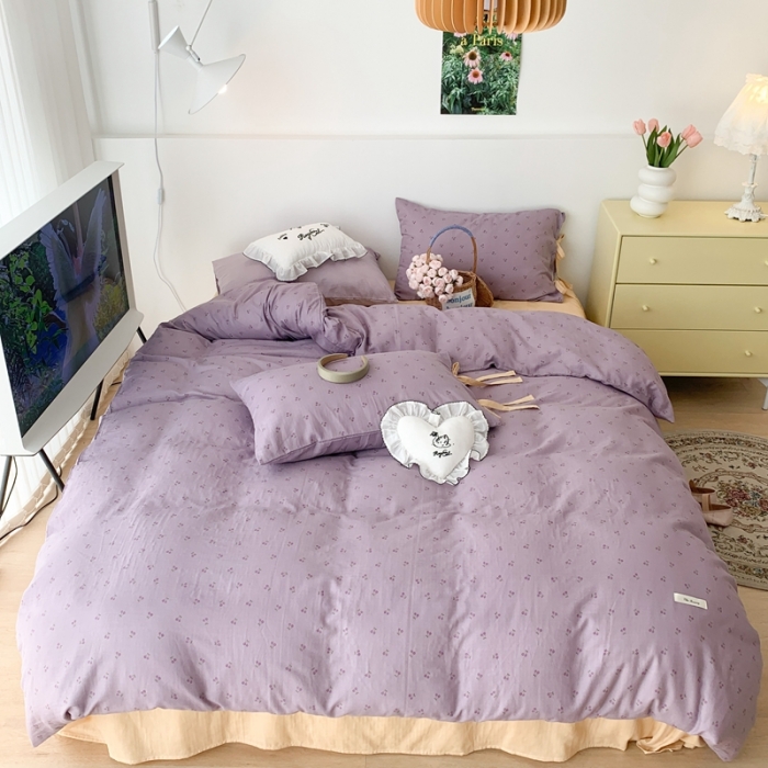 91家纺网 家纺一手货源 找家纺 昔可家纺 2023新款双层纱枕套带蝴蝶结四件套 紫色小樱桃