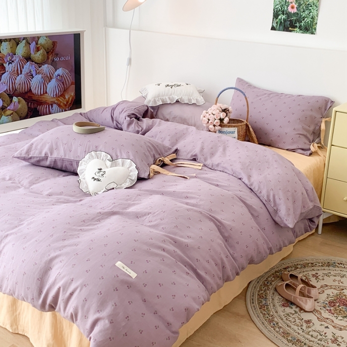 91家纺网 家纺一手货源 找家纺 昔可家纺 2023新款双层纱枕套带蝴蝶结四件套 紫色小樱桃