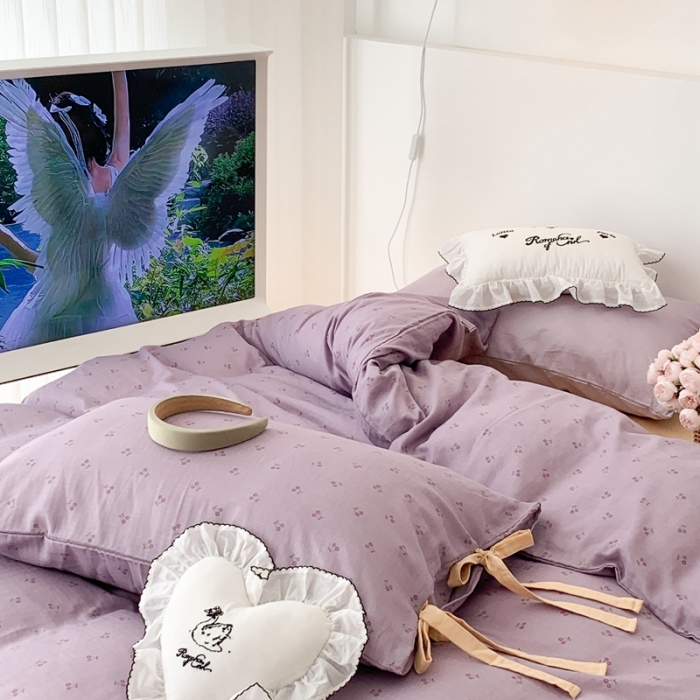 91家纺网 家纺一手货源 找家纺 昔可家纺 2023新款双层纱枕套带蝴蝶结四件套 紫色小樱桃