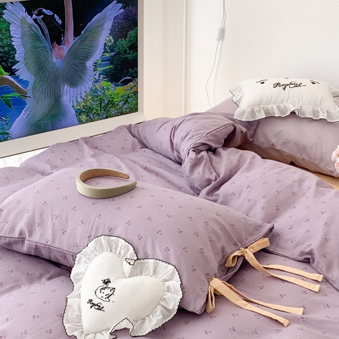 91家纺网 家纺一手货源 找家纺 昔可家纺 2023新款双层纱枕套带蝴蝶结四件套 紫色小樱桃