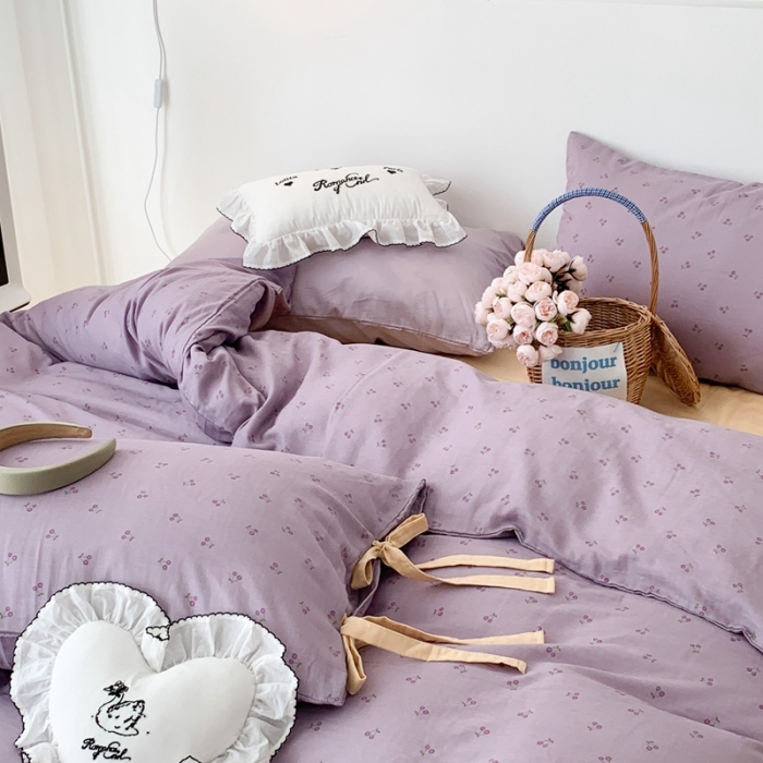 91家纺网 家纺一手货源 找家纺 昔可家纺 2023新款双层纱枕套带蝴蝶结四件套 紫色小樱桃