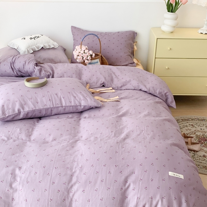 91家纺网 家纺一手货源 找家纺 昔可家纺 2023新款双层纱枕套带蝴蝶结四件套 紫色小樱桃