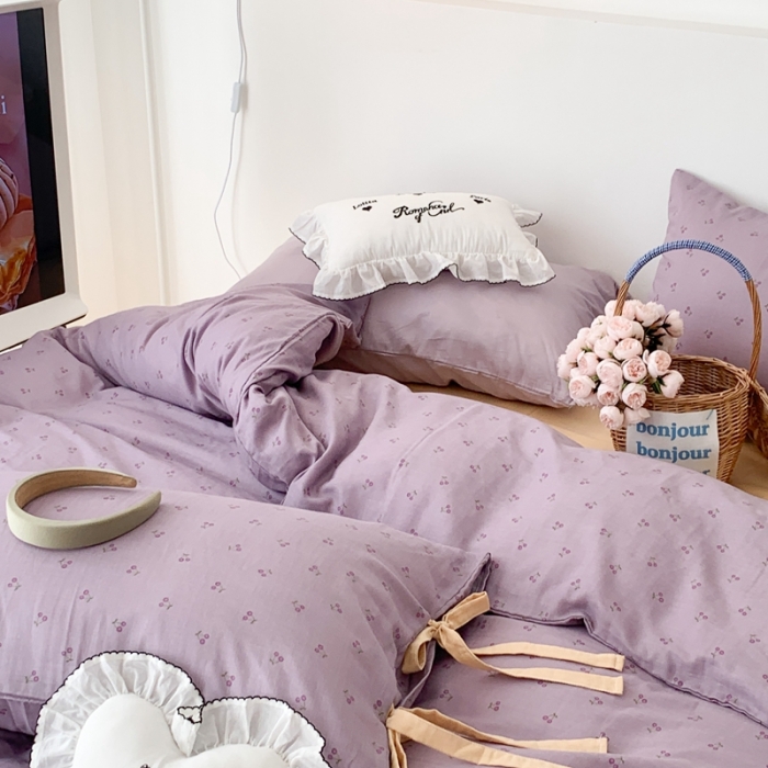 91家纺网 家纺一手货源 找家纺 昔可家纺 2023新款双层纱枕套带蝴蝶结四件套 紫色小樱桃