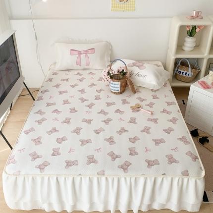 91家纺网 家纺一手货源 找家纺 昔可家纺 2023新款双层雪纺纱花边床裙款凉感软席 蝴蝶结小熊