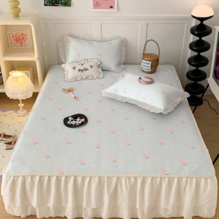 91家纺网 家纺一手货源 找家纺 昔可家纺 2023新款双层雪纺纱花边床裙款凉感软席 蓝色甜美玫瑰