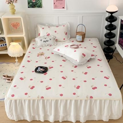 91家纺网 家纺一手货源 找家纺 昔可家纺 2023新款双层雪纺纱花边床裙款凉感软席 微醺小樱桃