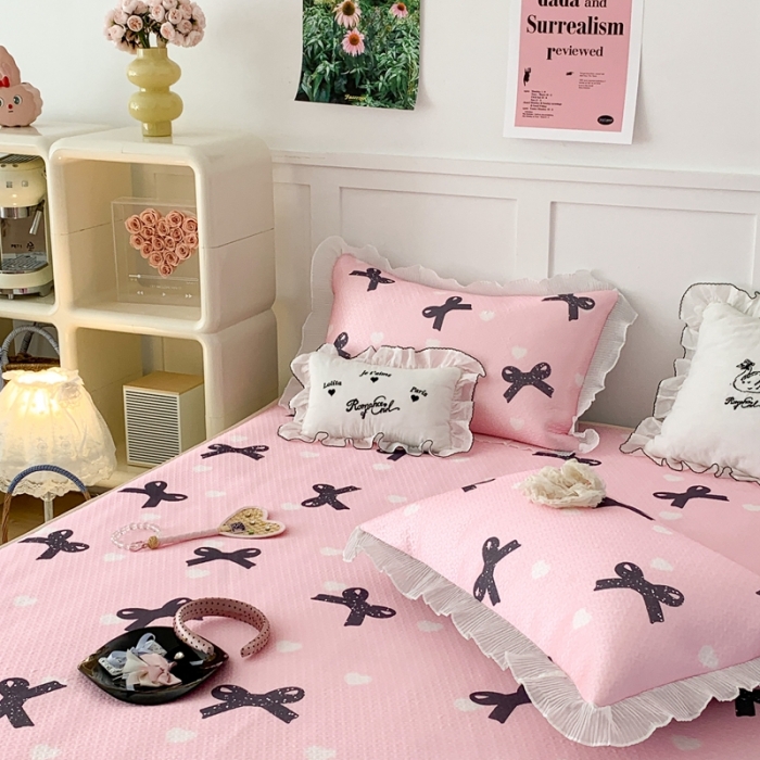 91家纺网 家纺一手货源 找家纺 昔可家纺 2023新款双层雪纺纱花边床裙款凉感软席 甜美蝴蝶结