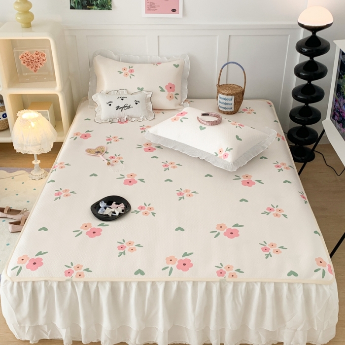 91家纺网 家纺一手货源 找家纺 昔可家纺 2023新款双层雪纺纱花边床裙款凉感软席 夏日花