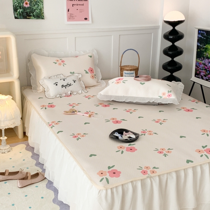 91家纺网 家纺一手货源 找家纺 昔可家纺 2023新款双层雪纺纱花边床裙款凉感软席 夏日花