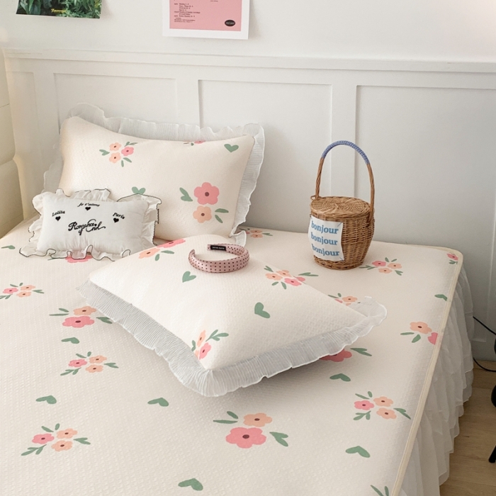 91家纺网 家纺一手货源 找家纺 昔可家纺 2023新款双层雪纺纱花边床裙款凉感软席 夏日花