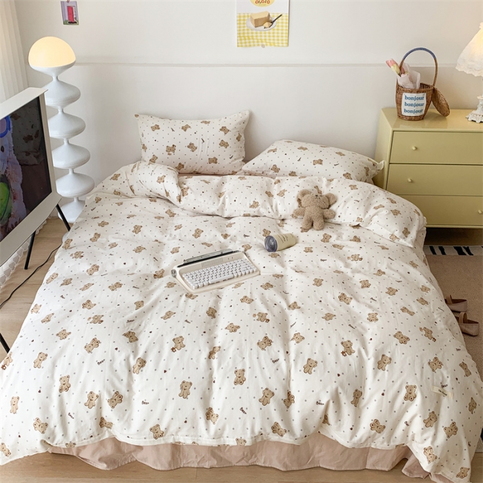 91家纺网 家纺一手货源 找家纺 昔可家纺 2023新款普通款全棉有氧双层纱四件套 波点小咖熊