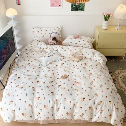 昔可家纺 2023新款普通款全棉有氧双层纱四件套 采蘑菇的小白兔