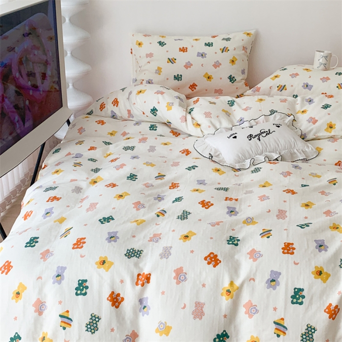 91家纺网 家纺一手货源 找家纺 昔可家纺 2023新款普通款全棉有氧双层纱四件套 彩色小熊