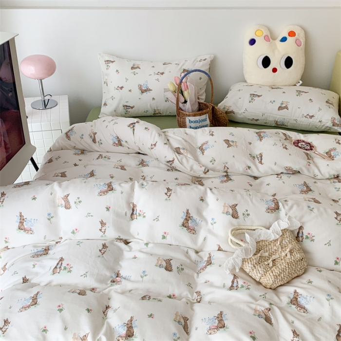 91家纺网 家纺一手货源 找家纺 昔可家纺 2023新款普通款全棉有氧双层纱四件套 花园里的兔小姐