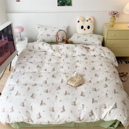 昔可家纺 2023新款普通款全棉有氧双层纱四件套 花园里的兔小姐