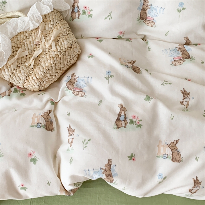 91家纺网 家纺一手货源 找家纺 昔可家纺 2023新款普通款全棉有氧双层纱四件套 花园里的兔小姐