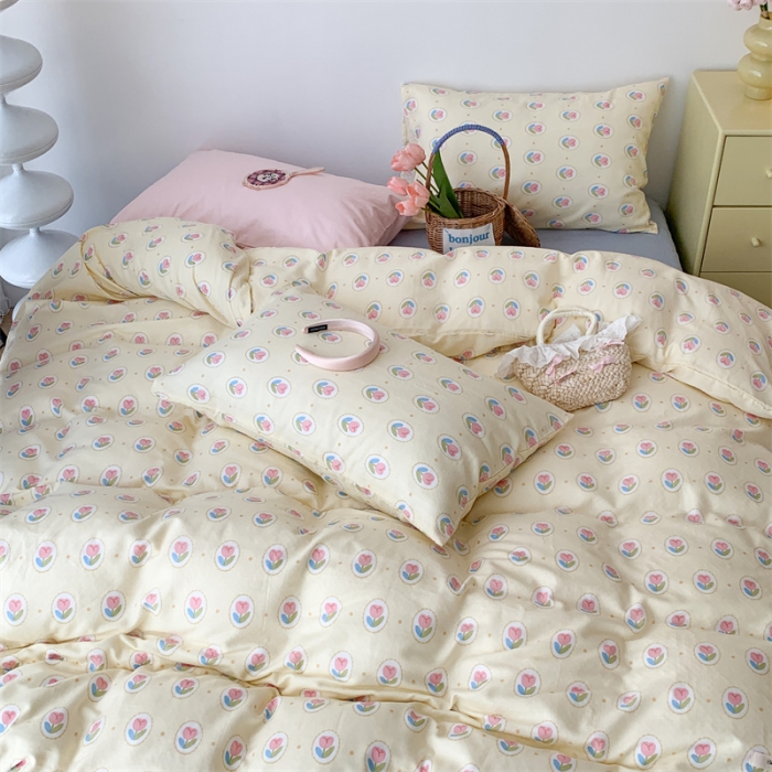 91家纺网 家纺一手货源 找家纺 昔可家纺 2023新款普通款全棉有氧双层纱四件套 圈圈郁金香黄