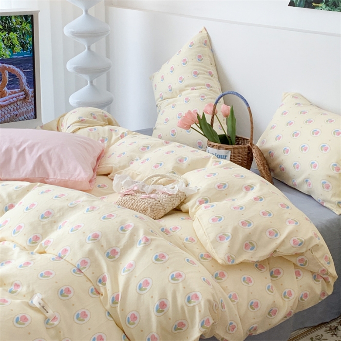 91家纺网 家纺一手货源 找家纺 昔可家纺 2023新款普通款全棉有氧双层纱四件套 圈圈郁金香黄