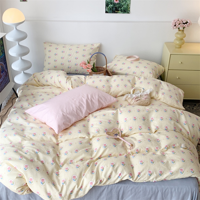 91家纺网 家纺一手货源 找家纺 昔可家纺 2023新款普通款全棉有氧双层纱四件套 圈圈郁金香黄