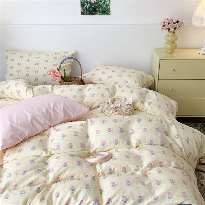 91家纺网 家纺一手货源 找家纺 昔可家纺 2023新款普通款全棉有氧双层纱四件套 圈圈郁金香黄