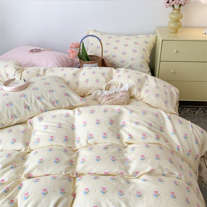 91家纺网 家纺一手货源 找家纺 昔可家纺 2023新款普通款全棉有氧双层纱四件套 圈圈郁金香黄