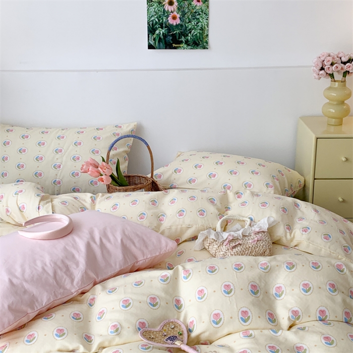 91家纺网 家纺一手货源 找家纺 昔可家纺 2023新款普通款全棉有氧双层纱四件套 圈圈郁金香黄