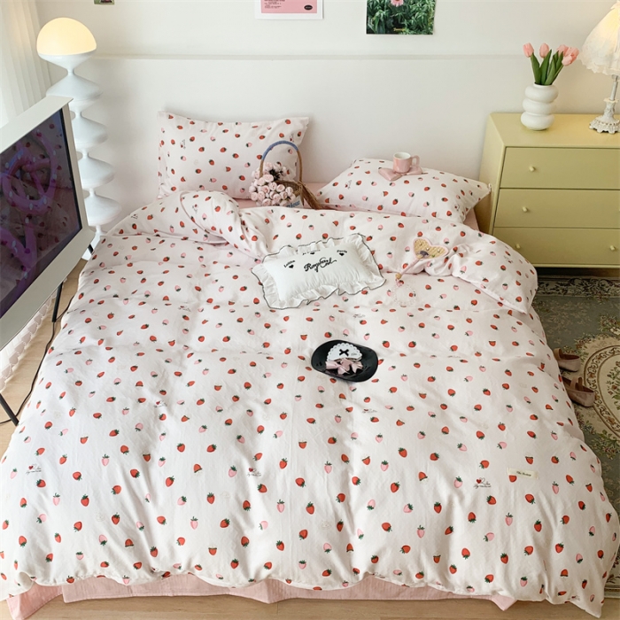 91家纺网 家纺一手货源 找家纺 昔可家纺 2023新款普通款全棉有氧双层纱四件套 甜心草莓布蕾