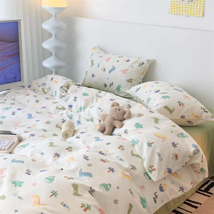 91家纺网 家纺一手货源 找家纺 昔可家纺 2023新款普通款全棉有氧双层纱四件套 童趣小恐龙