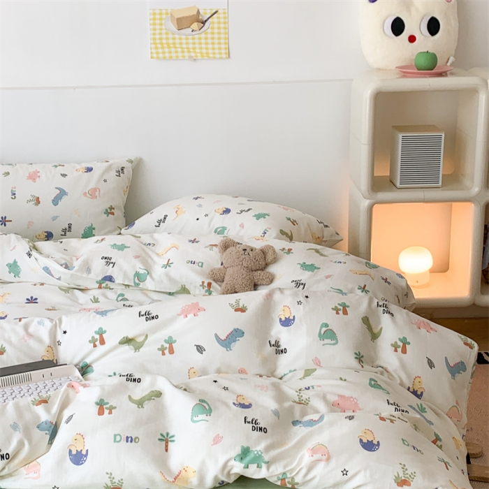 91家纺网 家纺一手货源 找家纺 昔可家纺 2023新款普通款全棉有氧双层纱四件套 童趣小恐龙