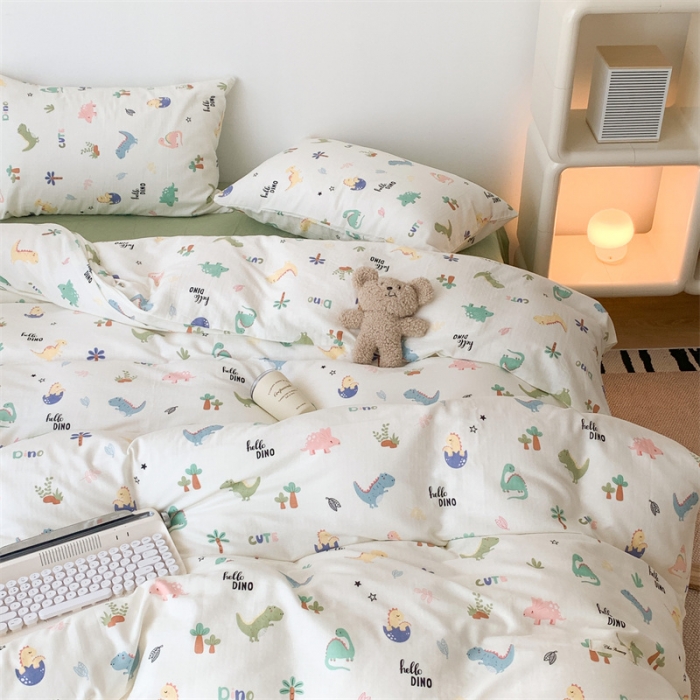 91家纺网 家纺一手货源 找家纺 昔可家纺 2023新款普通款全棉有氧双层纱四件套 童趣小恐龙