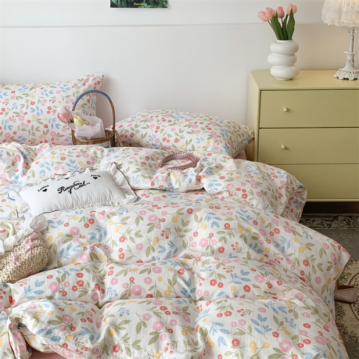 91家纺网 家纺一手货源 找家纺 昔可家纺 2023新款普通款全棉有氧双层纱四件套 夏奈小花